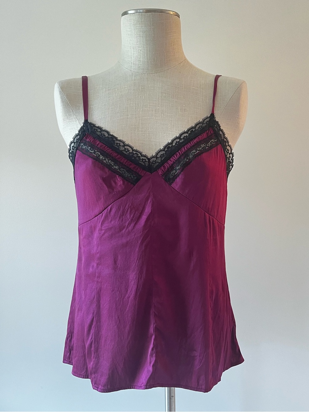 Y2K Silk Lace Trim Cami Tank in Plum Purple and Black Lace